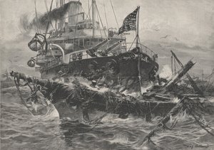 Een Amerikaans oorlogsschip vernietigt wrakken in de Atlantische Oceaan